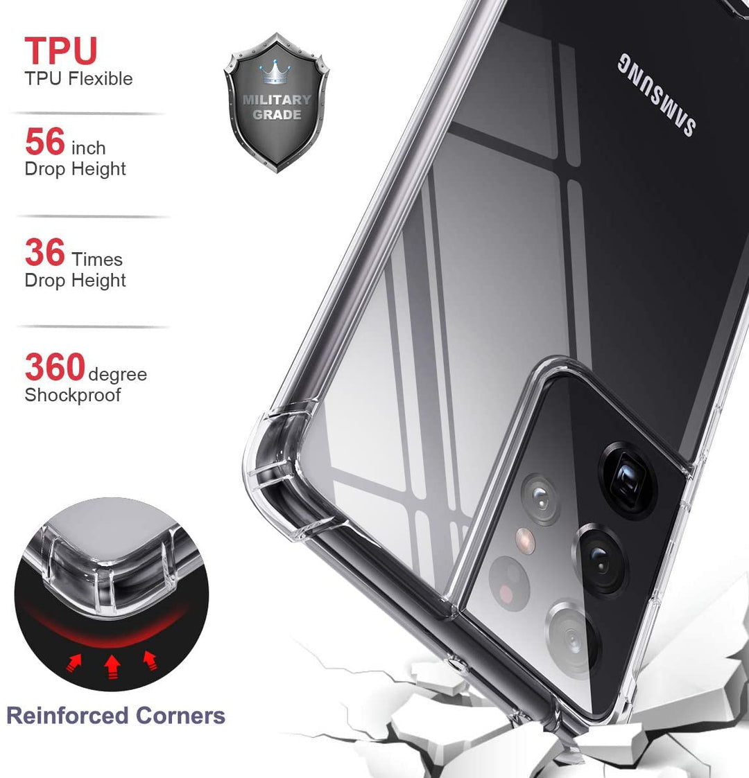 Clear Case for Samsung Galaxy S21 Ultra 5G Hybrid Design Shockproof Bumper Protective Cell Phone Back Cover Hard PC Back + Flexible TPU Raised Bezel with Airbags Corners