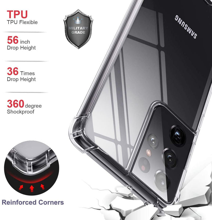 Clear Case for Samsung Galaxy S21 Ultra 5G Hybrid Design Shockproof Bumper Protective Cell Phone Back Cover Hard PC Back + Flexible TPU Raised Bezel with Airbags Corners