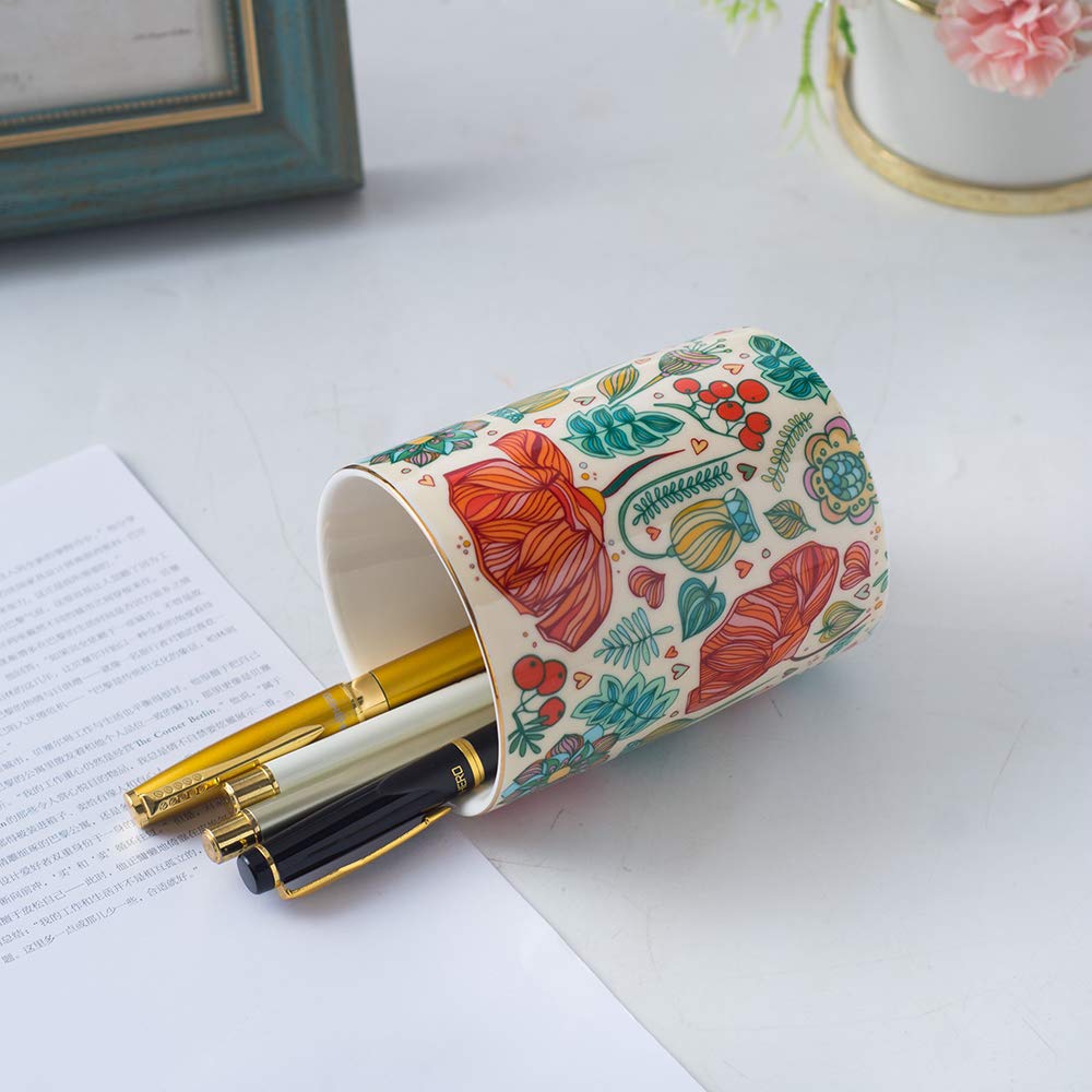 Ceramic Desk Holder Round Pen Holder Stand Pencil Cup Pot Desk Organizer Makeup Brush Holder (Pink-Square)