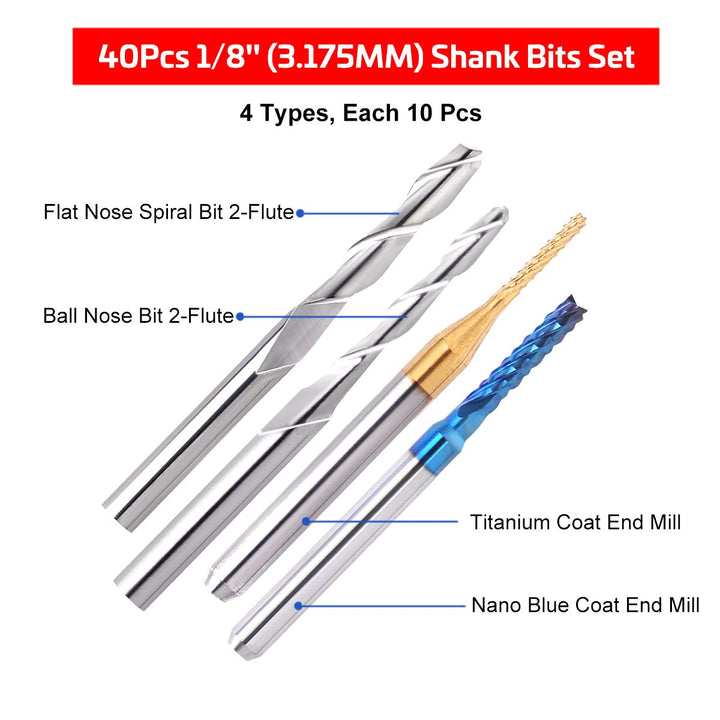 40Pcs End Mills CNC Router Bits Set 1/8 Shank, Mcwdoit CNC Machine Cutting Milling Tool Engraving Cutter Including Flat Nose/Ball Nose End Mill, Nano Blue Coat/Titanium Coat 2 Flute CNC Router Bits