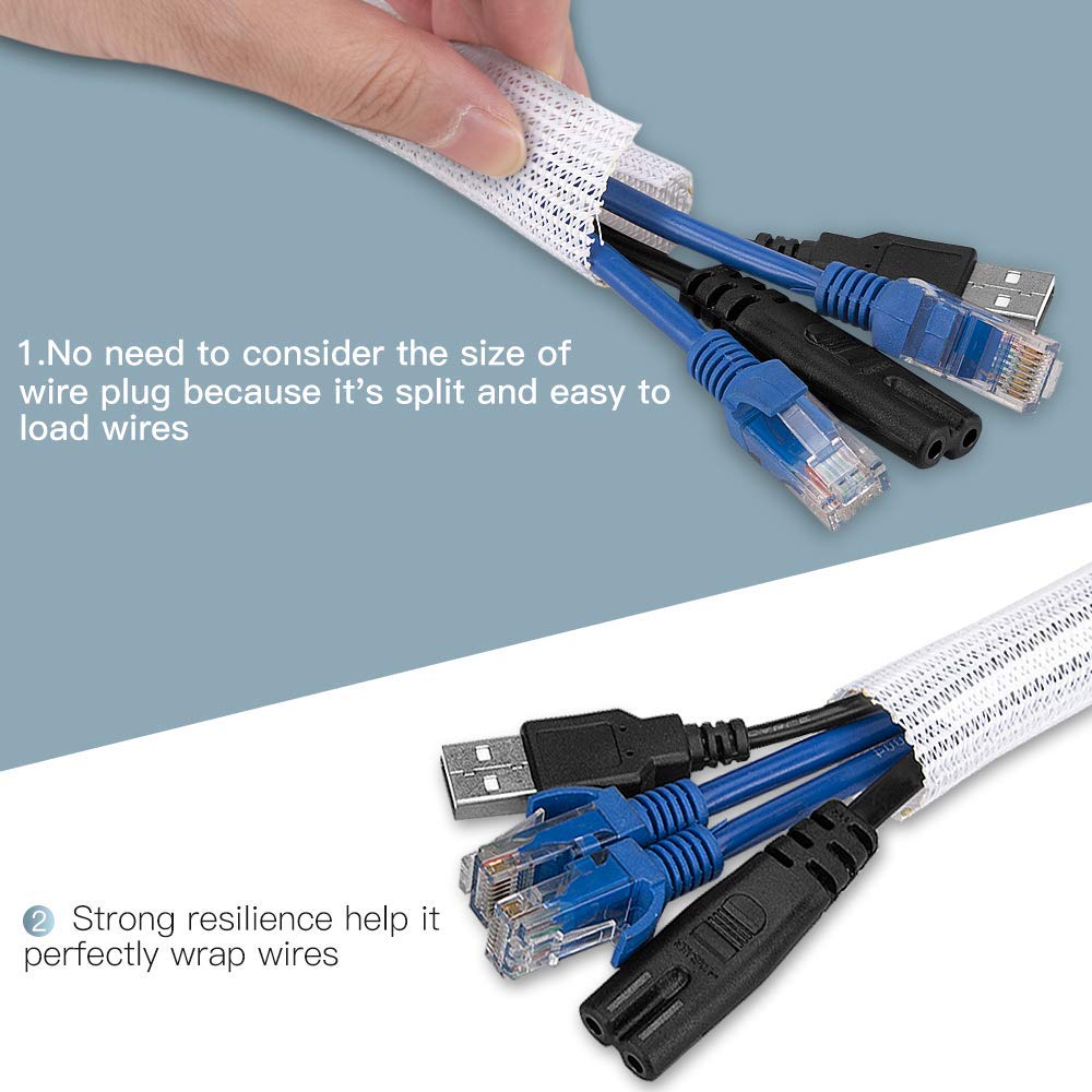 Cable Sleeve Cover, 6.6ft - 2/3 inch Cord Management Wire Organizer Under Desk, Home Office Computer Wire Cover Hider Cord Protector, Protect Pet Cat Dog from Chewing, White