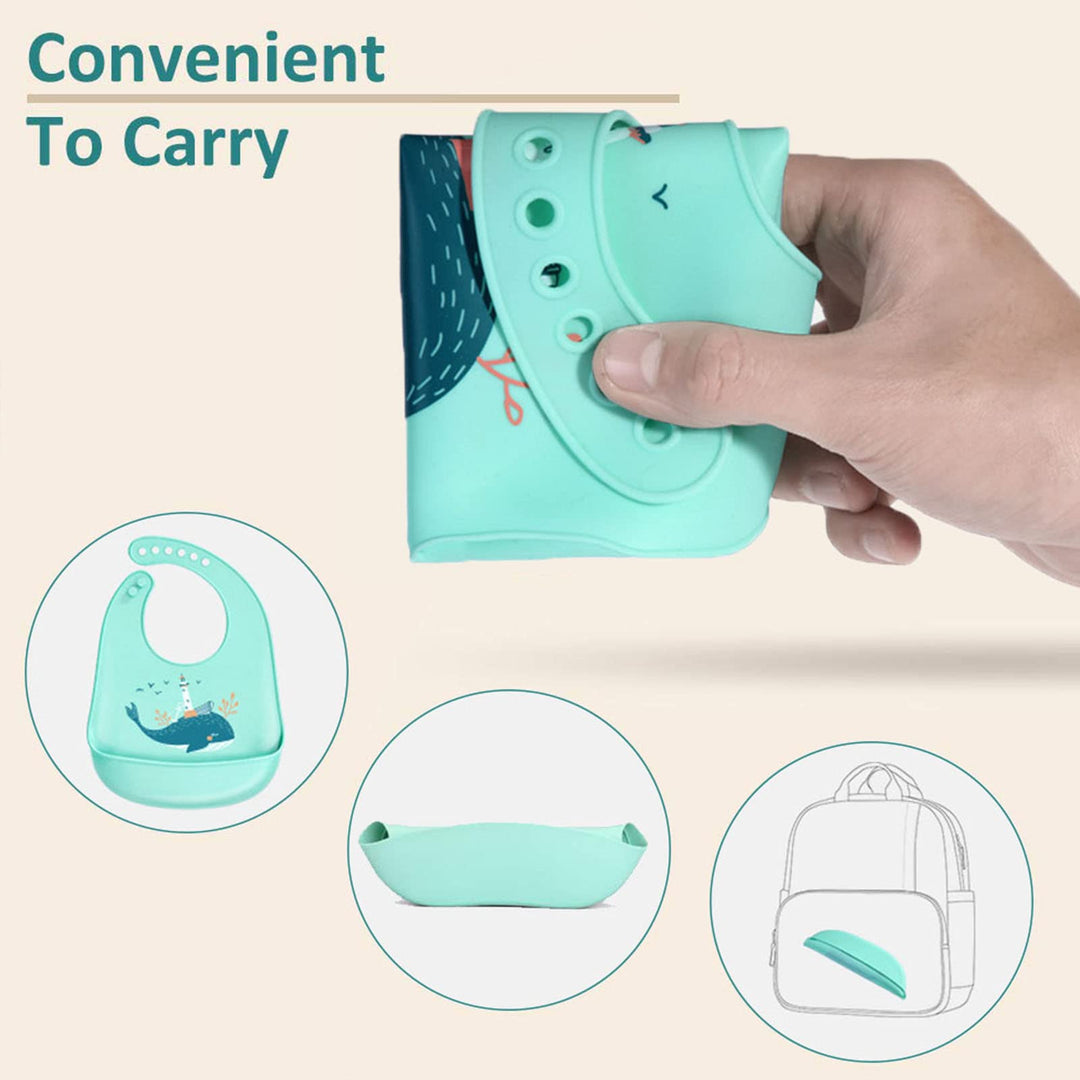 Baby Bibs Silicone Feeding Bibs, Weaning Waterproof Bibs with Food Crumb Catcher Pocket Baby Bibs Easily to Clean, Comfortable and Foldable