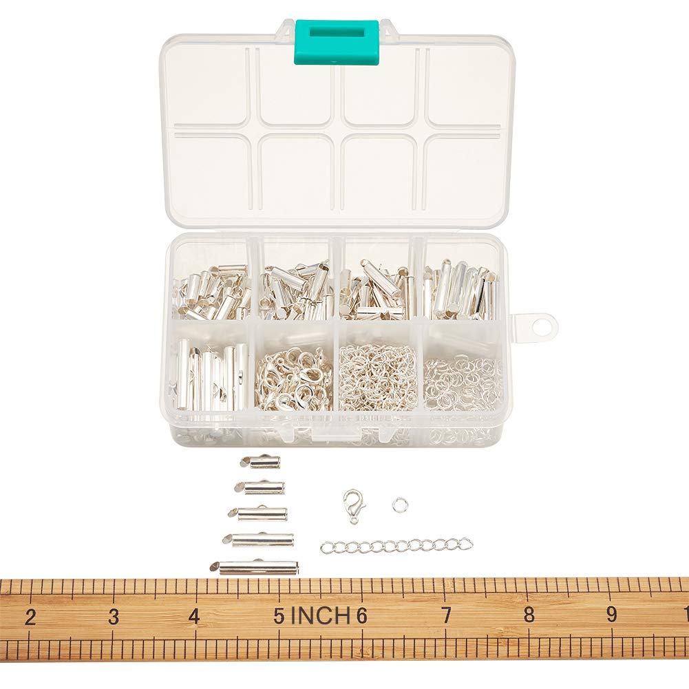 Pandahall 100pcs Silver Tube Brass Slide On End Clasp with Alloy Lobster Claw Clasps and Stainless Steel Open Jump Ring Iron Twist Extender Chains for Jewelry Making