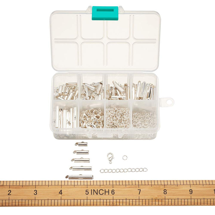 Pandahall 100pcs Silver Tube Brass Slide On End Clasp with Alloy Lobster Claw Clasps and Stainless Steel Open Jump Ring Iron Twist Extender Chains for Jewelry Making