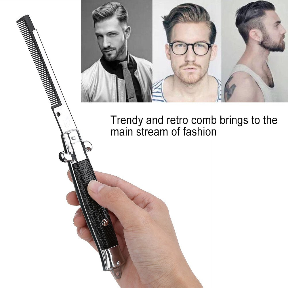 Hair Combs Switchblade, Foldable Pocket Oil Hair Styling Comb for Men, Beard and Moustache Styling Flick Comb, Metal + Plastic Folding Automatic Push Button Brush for Daily Care