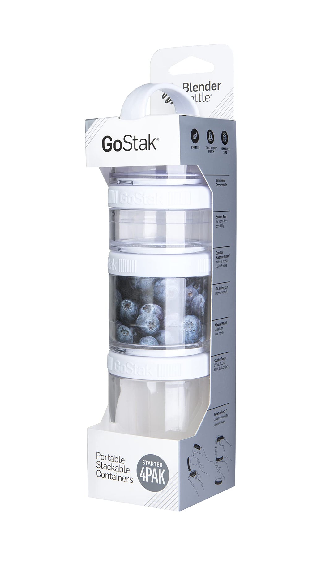 BlenderBottle GoStak Food Storage Containers for Protein Powder, Healthy Snacks, and Portion Control, 4-Piece Starter Pak, White