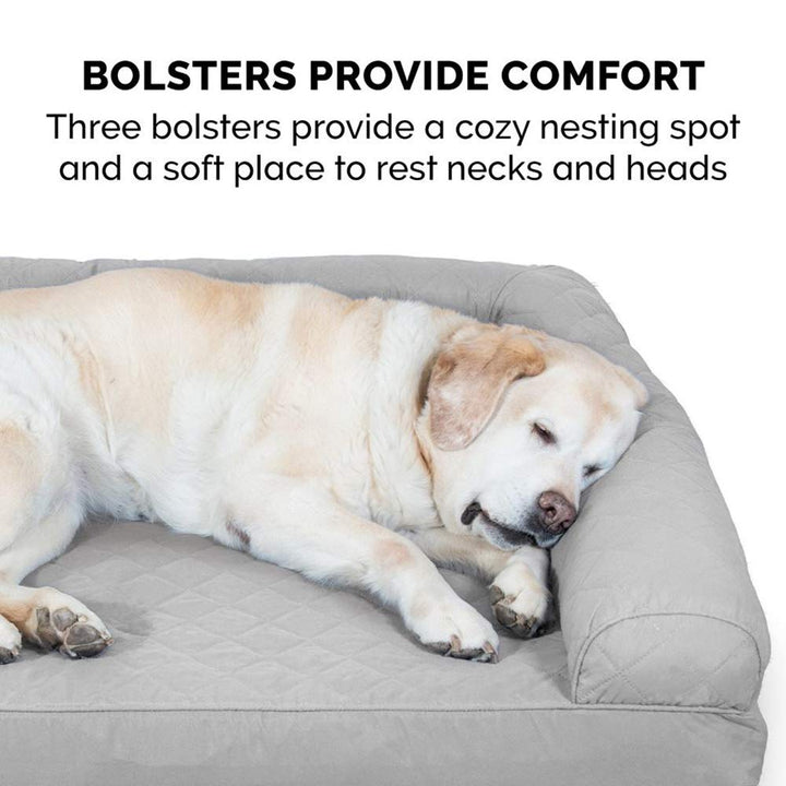 Cooling Gel Dog Bed for Large Dogs w/ Removable Bolsters & Washable Cover, For Dogs Up to 95 lbs - Two-Tone Plush Faux Fur & Suede L Shaped Chaise - Stone Gray, Jumbo/XL