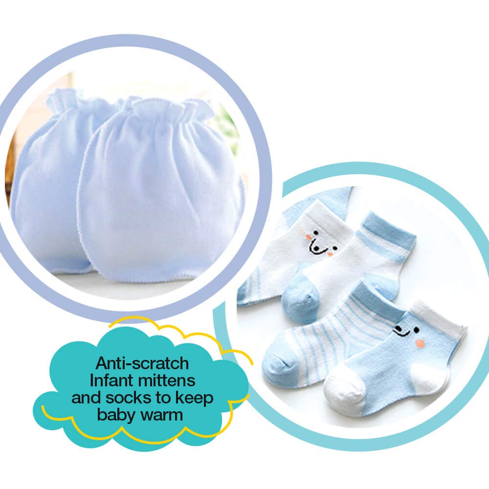 Baby Boy Swaddle Blanket, Baby Mittens 0-6 months & Baby Socks Giftable Set. Nursery Checklist on All New Born Essential Included