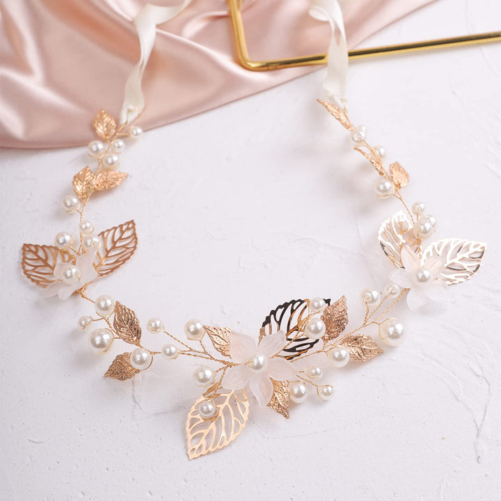 White Flower Headband for Wedding Brides Bridesmaid Flower and Leaf Hair Vine for Women and Girls Bridal Shower Hair Jewelry (Gold)
