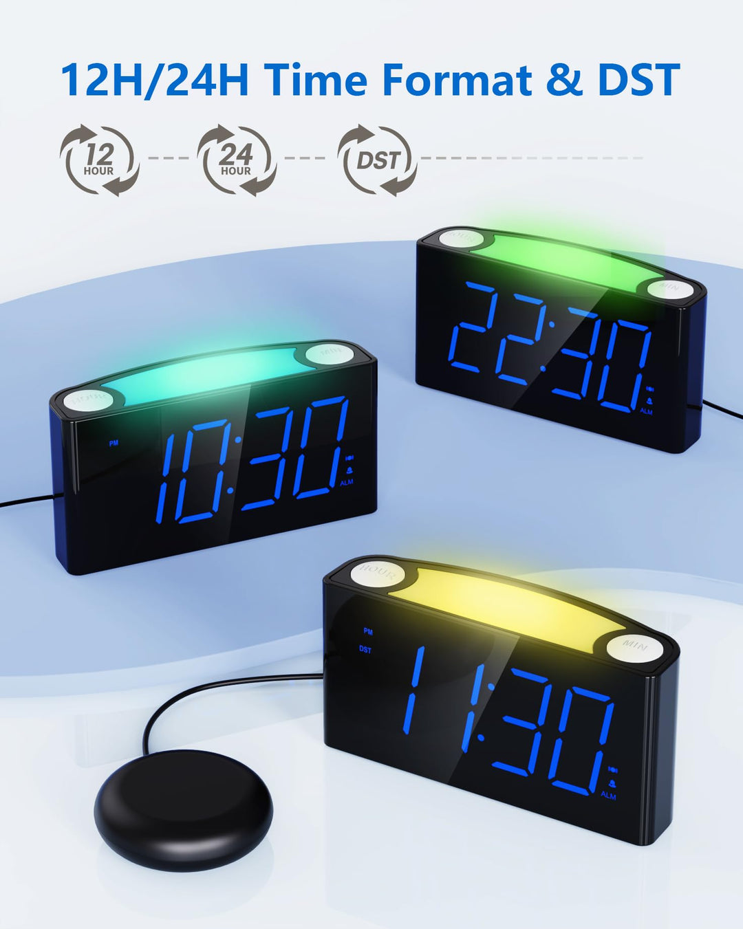 Vibrating Alarm Clock with Bed Shaker,Digital Bedroom Clock for Heavy Sleepers,Deaf Hearing Impaired Senior, 7 Night Light, Large LED Display,Dimmer, 2 USB Charger,12/24H/DST,Battery Backup