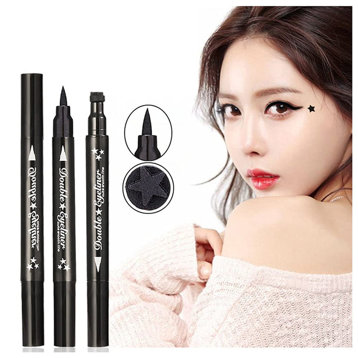 2 in 1 Double-headed Liquid Eyeliner Pen Stamp Super Slim Gel Felt Tip High Pigment Black Waterproof Smudgeproof Long Lasting Tattoo Makeup Tool(Star)