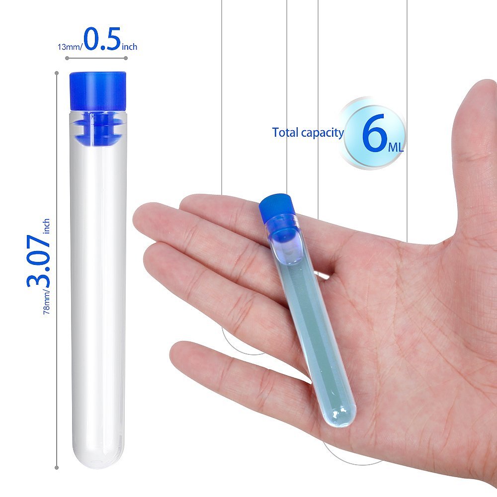 50 Pack Clear Plastic Test Tubes with Blue Caps, 13×78mm, Great for Halloween Party