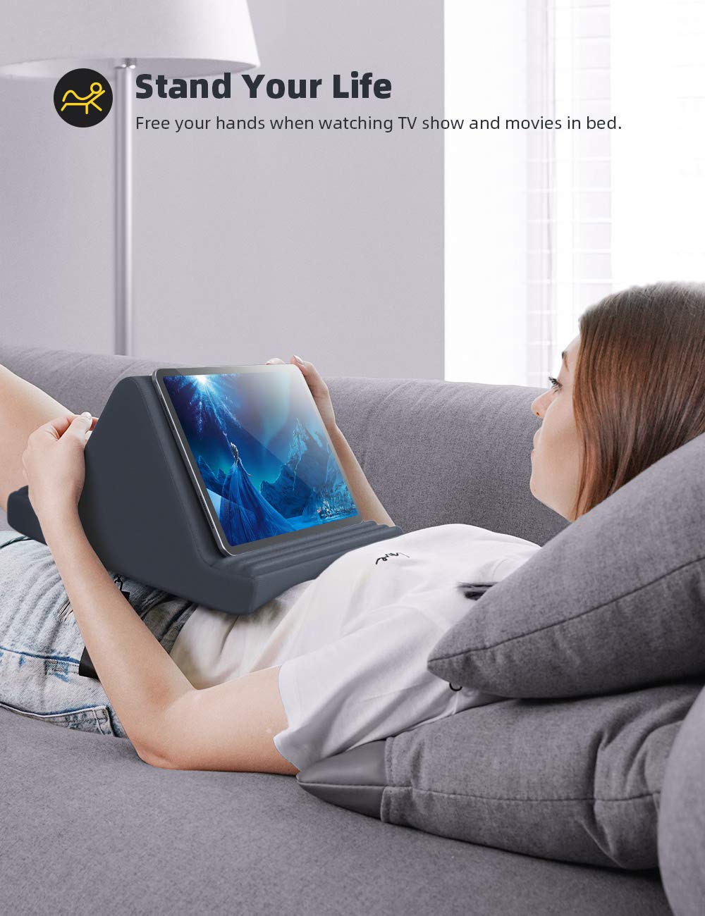 Tablet Pillow Stand, Pillow Soft Pad for Lap - Tablet Holder Dock for Bed with 6 Viewing Angles, for 4-13 Tablets, Like iPad Pro 11, 13, Air, Mini, Kindle, Galaxy Tab, E-Reader, Dark Gray