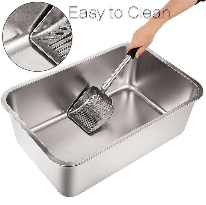 Stainless Steel Litter Box for Cat and Rabbit, Large Size with 8in High Sides and Non Slip Rubber Feet. Odor Control, Non Stick Smooth Surface, Easy to Clean, Never Bend
