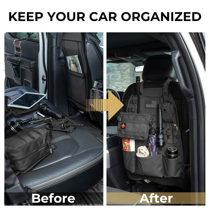 Car Seat Back Organizer, 2 Pack Universal Molle Seat Back Organizer, Tactical Molle Vehicle Panel Car Seat Cover Protector Compatible with Wrangler SUV Truck with 3 Storage Pouch - Black