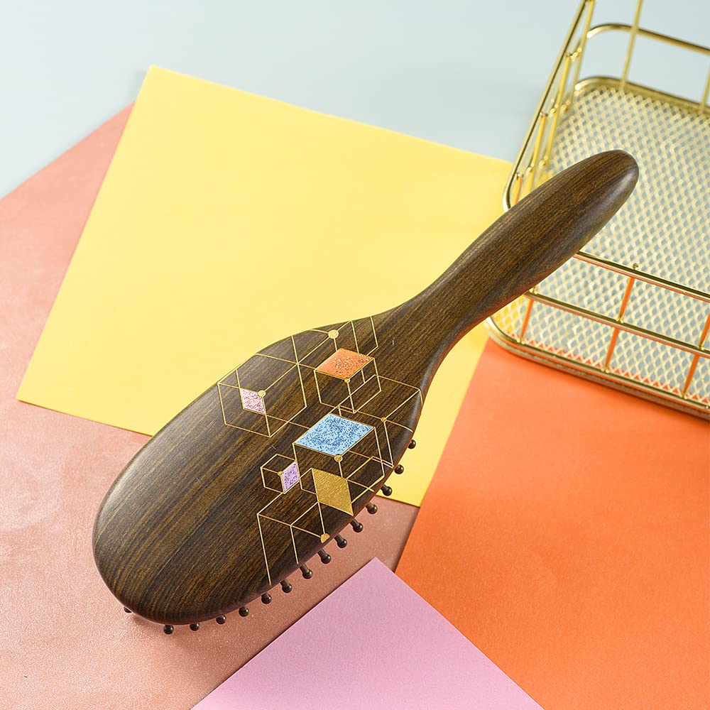 Wooden Hair Brush for Women Colorful Lattice