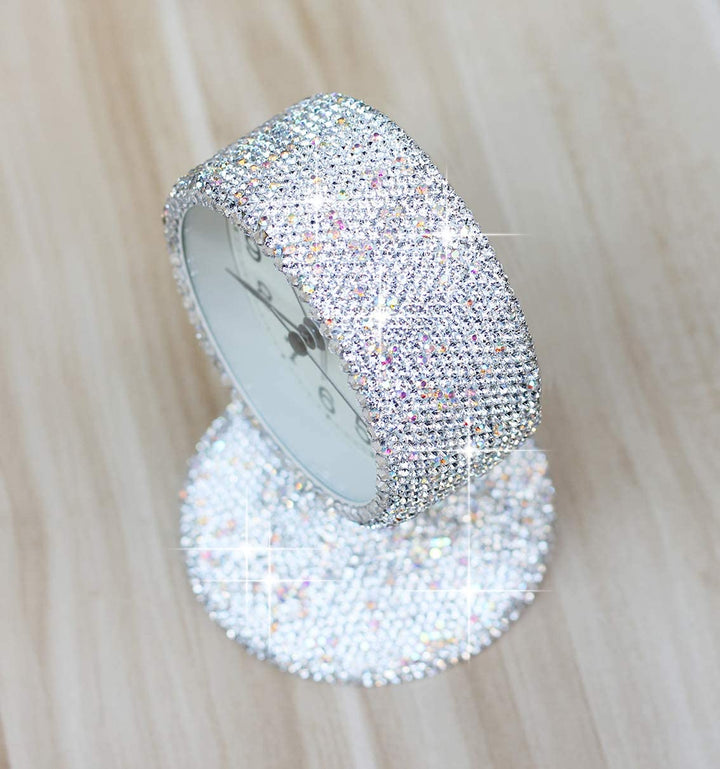 Luxury Rhinestone Small Alarm Desk Table Clock Morning Call Handmade Fashion Design for Bedroom Houseroom Living Room Cute As Gift AR (Silver)