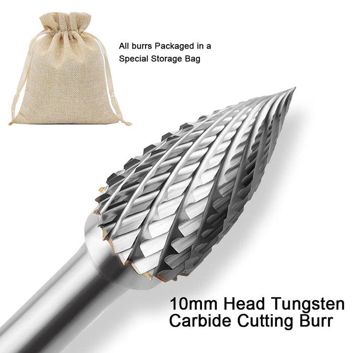 5PCS Double Cut Carbide Rotary Burrs Set - 1/4 Inch Shank 2/5 Inch Head Die Grinder Bits Solid Carbide Rotary Burr File Set for Die Grinder Drill, Metal Carving,Polishing,Engraving,Drilling