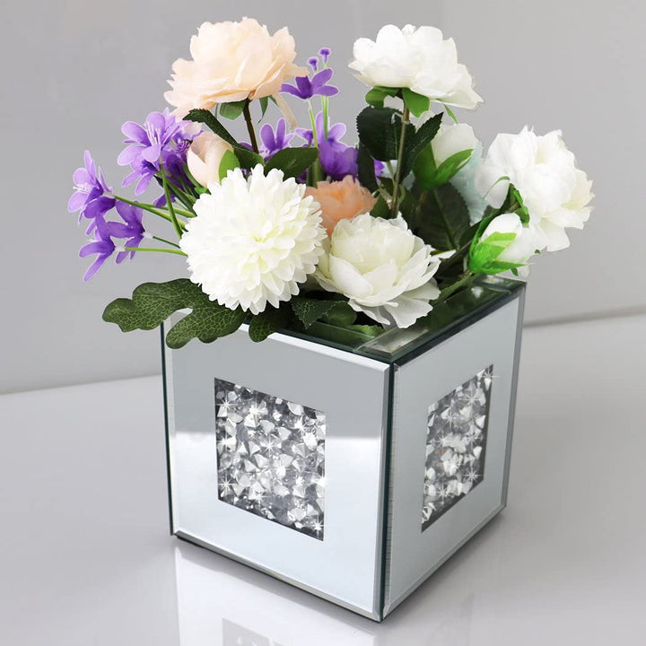 Crushed Diamond Mirrored Vase 6x6x6 inch Crystal Silver Glass Stunning Decorative Vase Flower Luxury for Home Decor. Can’t Hold Water.