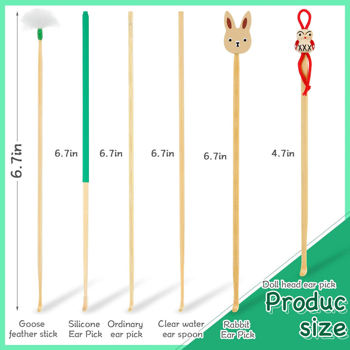 6 Pieces Bamboo Ear Cleaner Wood Ear Pick Bamboo Ear Pickers Ear Cleaning Tools for Humans Bamboo Ear Cleaner Cute Doll Bunny Goose Feather Earpick for Adults Kids Ear Cleaning Kit