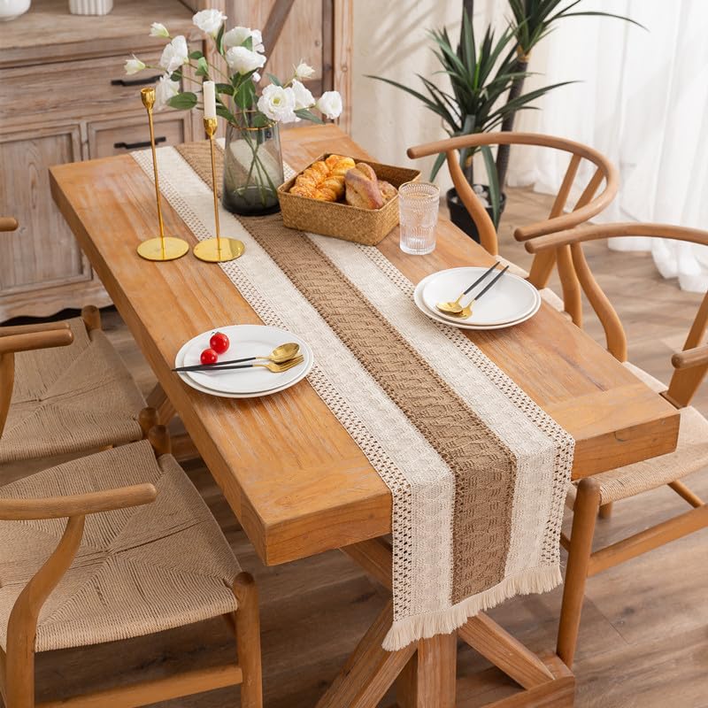 Boho Table Runner for Christmas Decor 72 Inches Long Farmhouse Rustic Table Runner Thanksgiving Macrame Table Runner with Tassels for Dining Room, Living Room, Kitchen Table, Coffee Table