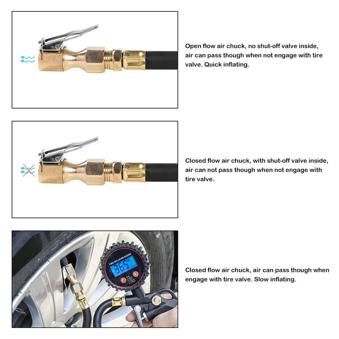 Heavy Duty Brass Air Chuck, Open Flow Straight Tire Chuck with Lock-on Clip, 1/4 FNPT Tyre Chuck for Tire Inflator Pressure Gauge Air Pump Compressor Accessories, 2 Pack