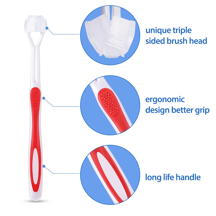 2 Pieces 3 Sided Autism Toothbrush Three Bristle Travel Toothbrush for Complete Teeth and Gum-Care, Great Angle Bristles Clean Each Tooth, Soft/Gentle (Red, Orange)