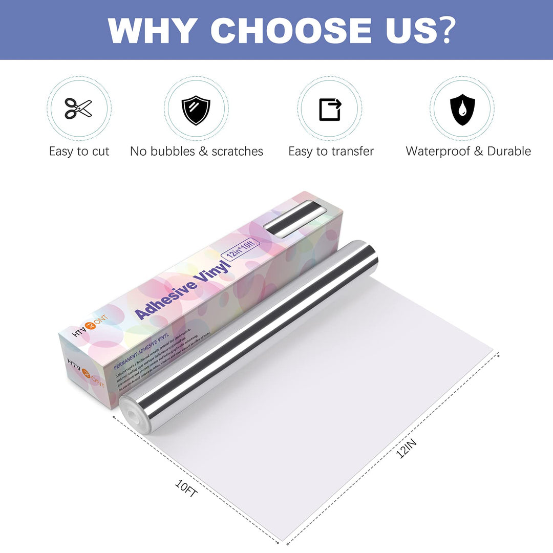 Silver Chrome Vinyl - 12 x 10FT Mirror Metallic Silver Vinyl for Cricut - Easy to Weed & Transfer Silver Permanent Vinyl Roll