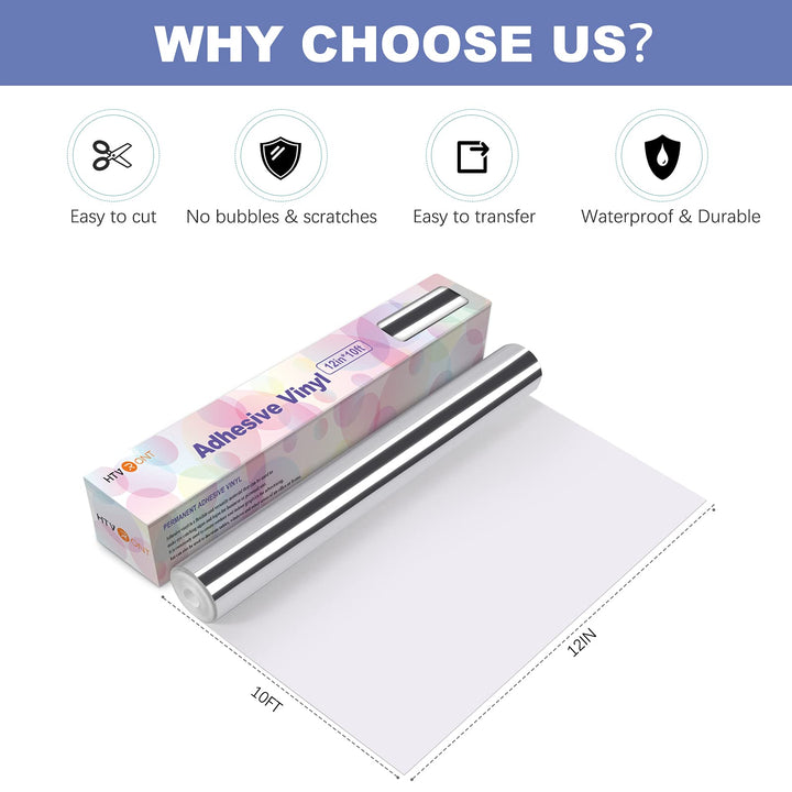 Silver Chrome Vinyl - 12 x 10FT Mirror Metallic Silver Vinyl for Cricut - Easy to Weed & Transfer Silver Permanent Vinyl Roll