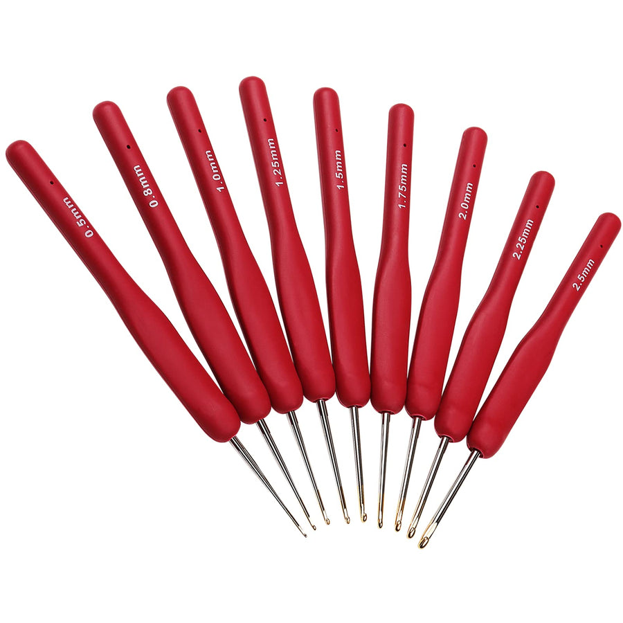 9pcs Lace Crochet Hooks Steel Crochet Needles for Crocheting, 0.5mm to 2.5mm Crochet Hook Set, Small Size Crochet Hooks Ergonomic Soft Grips for Arthritic Hands, Perfect for Lacework Fine Yarns