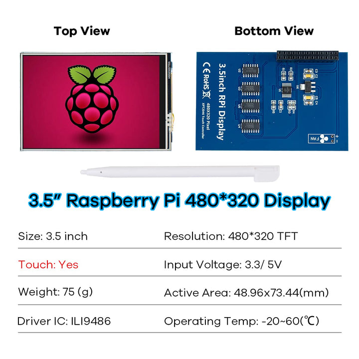 3.5 Inch 480x320 Touch Screen TFT LCD SPI Display Panel for Raspberry Pi A, B, A+, B+, 2B, 3B, 3B+,4B,5