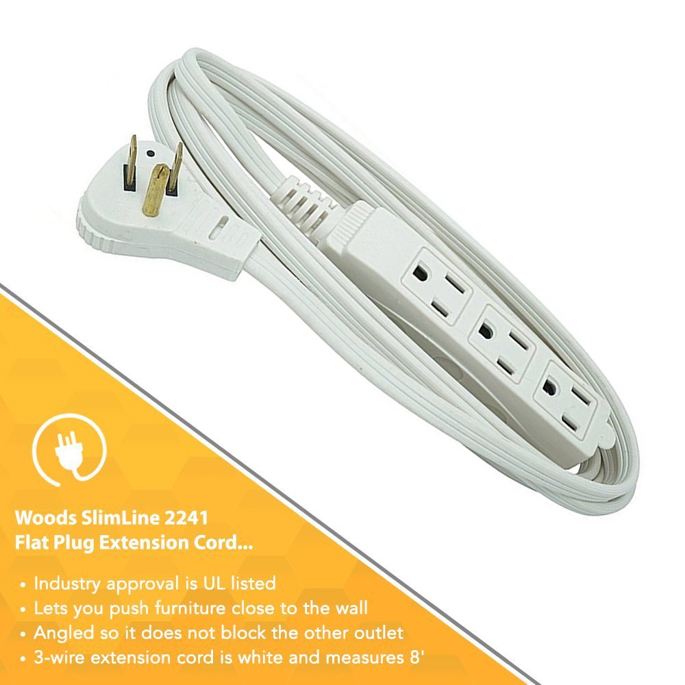Slimline 2241 Flat Plug Extension Cord, 3-Wire, White, 8-Foot