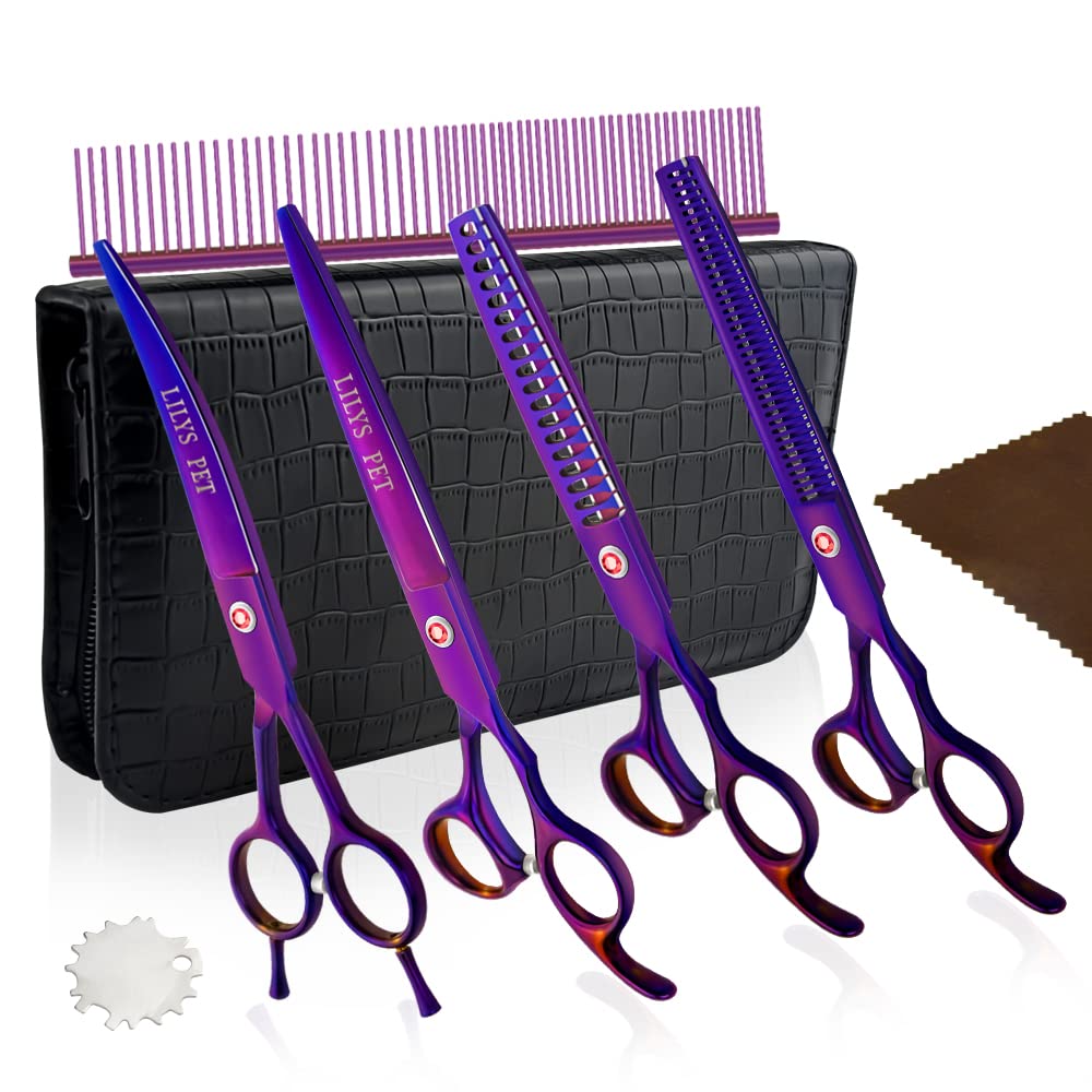 Professional PET Dog Grooming Titanium Scissors Set,Straight & Curved & Thinning & Chunker Scissors with 1 Grooming Comb for Dog Cat and More Pets Grooming (Purple)