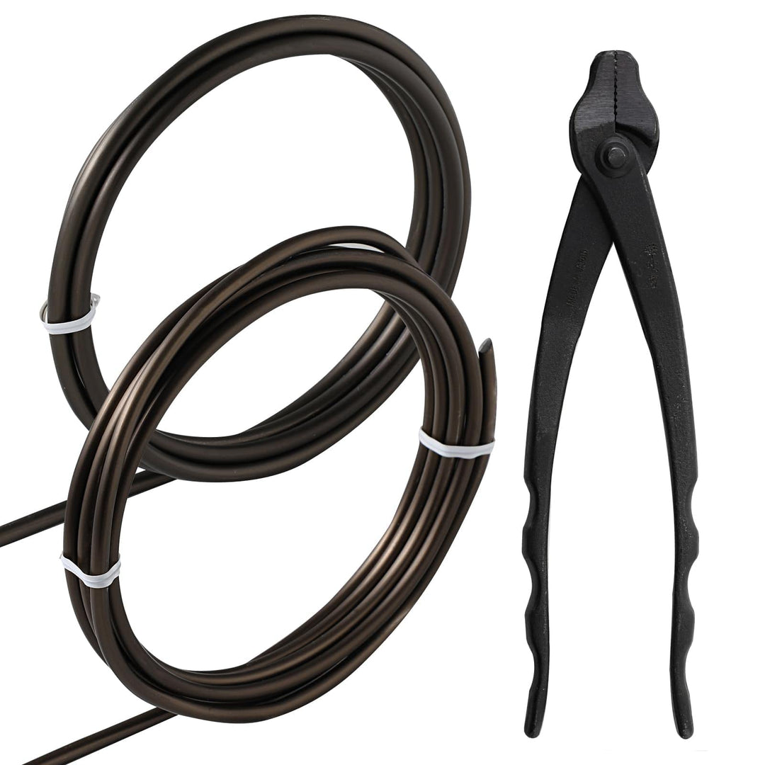 3pcs Aluminum Bonsai Wire Tool Kit with 2 Sizes (5.0mm + 6.0mm) and Wire Cutter Made in Japan, 2 Roll Bonsai Training Wire and Pliers Starter Set - 5 mm + 6 mm + Wire Cutter, Brown