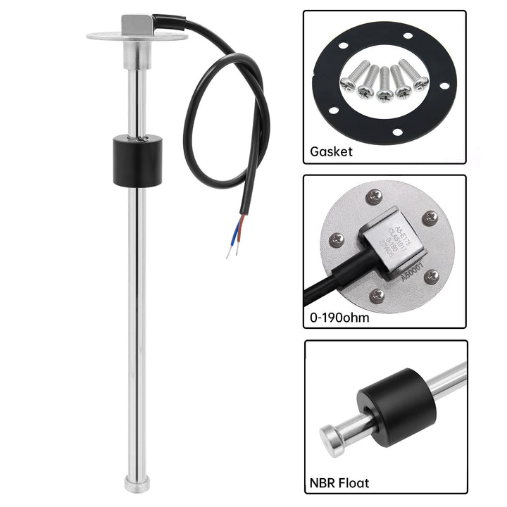Marine Fuel Sending Unit Boat Fuel Tank Sender, 0-190ohms 12 (300mm) Stainless Steel Gas Sensor Water Fuel Gauge Sender for Boat Car Truck Vehicle