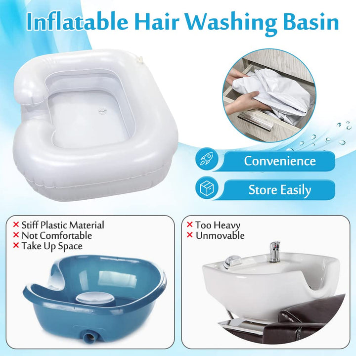 Inflatable Hair Washing Basin Portable Shampoo Bowl Hair Washing Sink for Bedridden Shampoo in Bed Inflatable Bedside Hair Wash Tub Head Washer for Disabled Handicapped - with Pump & Drain Hose