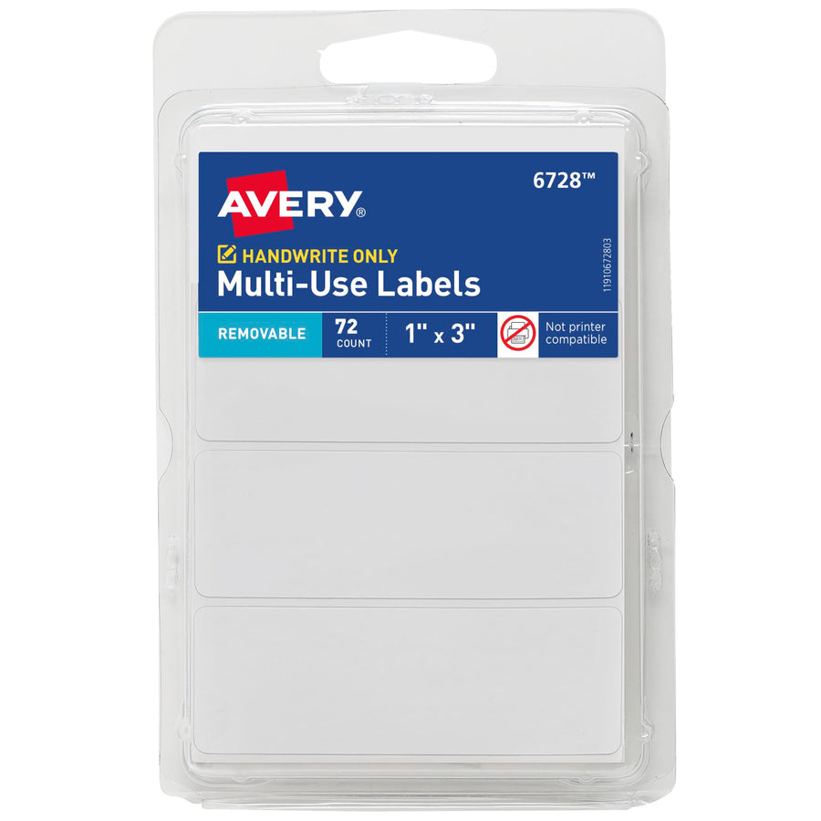 Removable Labels, Rectangular, 1 x 3 Inch, White, Pack of 72 (06728)