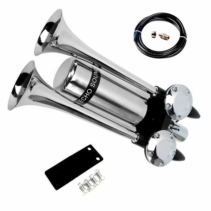 Car Horn Ship Horn Prolong the sound Air Horn Loudspeaker Horn Silver Double Tube Truck Horn Metal Super Loud with Stainless Steel Air Tank Suitable for 12v 24v Train Ship Car Moto Truck ect