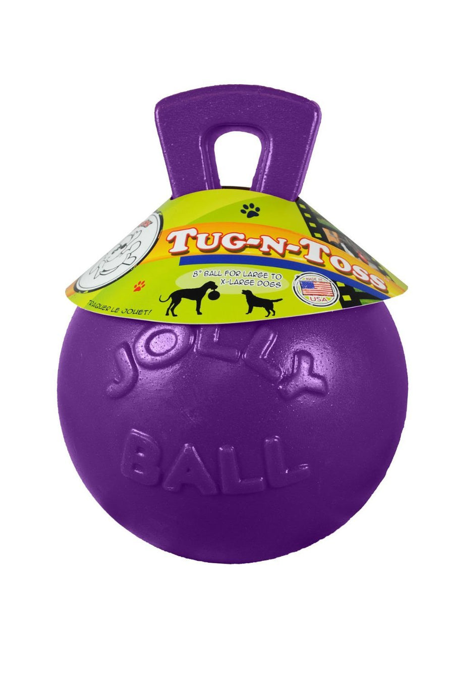 Tug-n-Toss Heavy Duty Dog Toy Ball with Handle, 8 Inches/Large, Purple