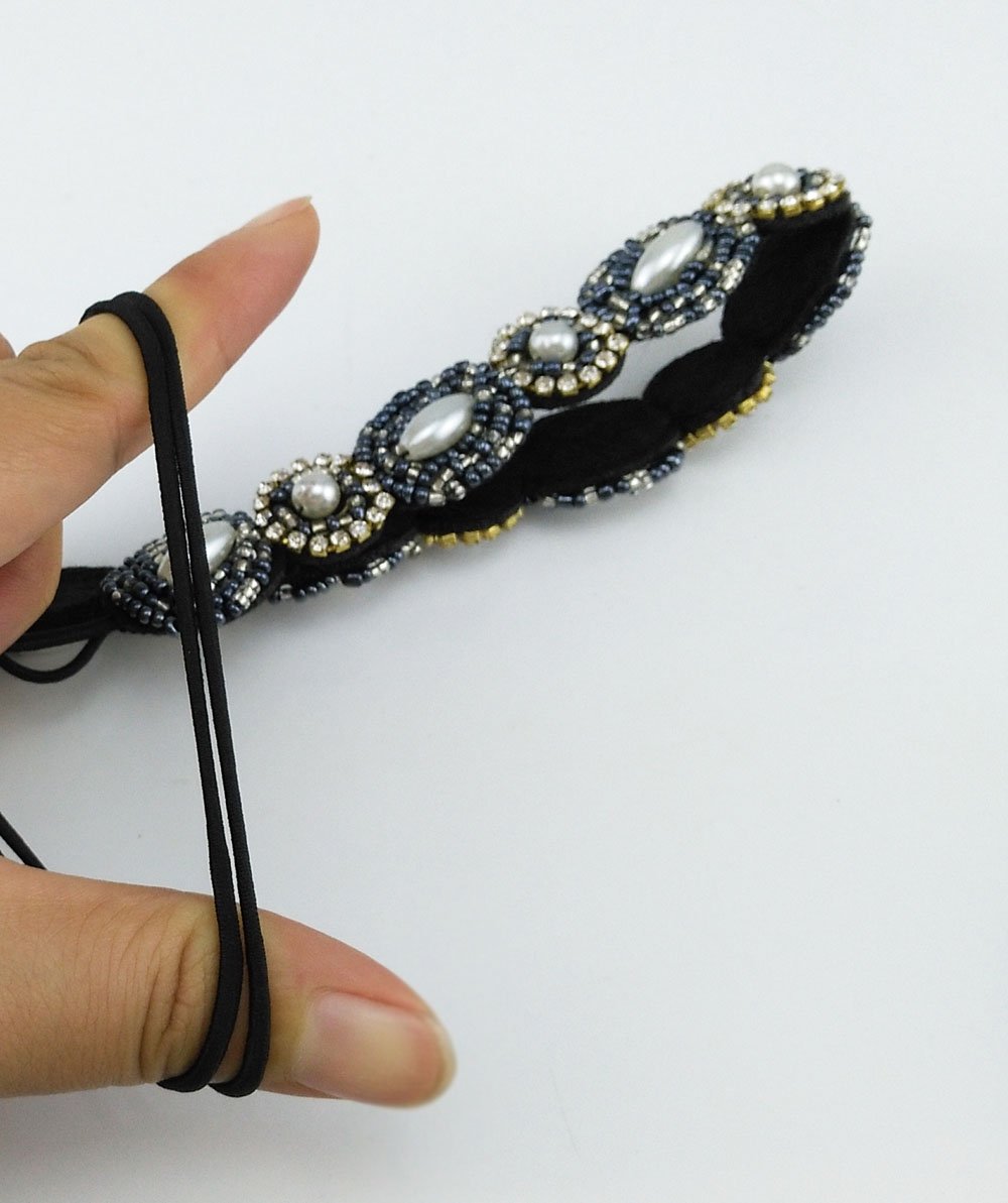 Navy blue + Gold : Pack of 2 Handmade Crystal Rhinestone Beads Elastic Headband Hair Band Women Hair Accessories (Navy blue + Gold)