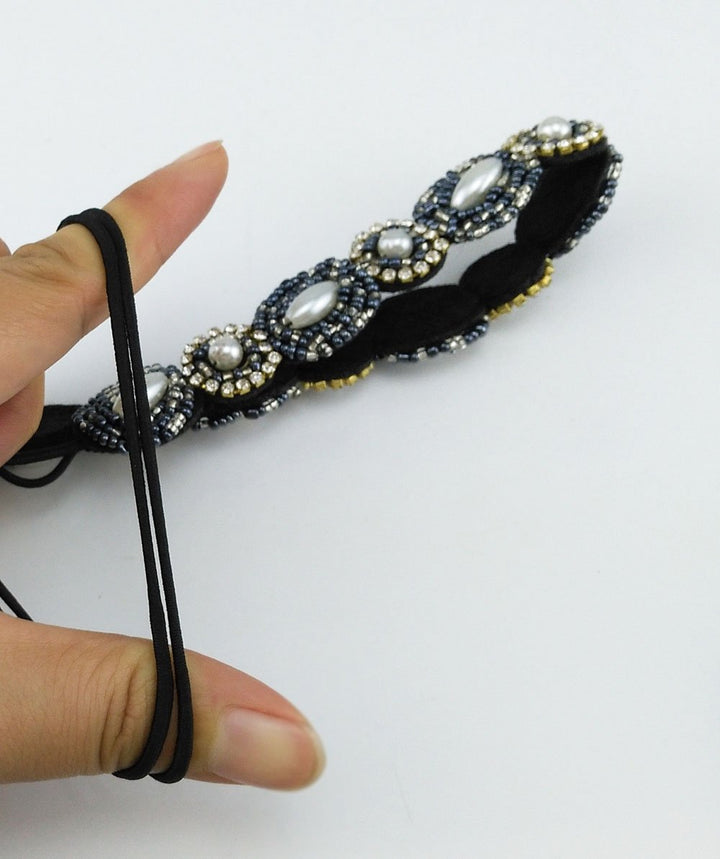 Navy blue + Gold : Pack of 2 Handmade Crystal Rhinestone Beads Elastic Headband Hair Band Women Hair Accessories (Navy blue + Gold)