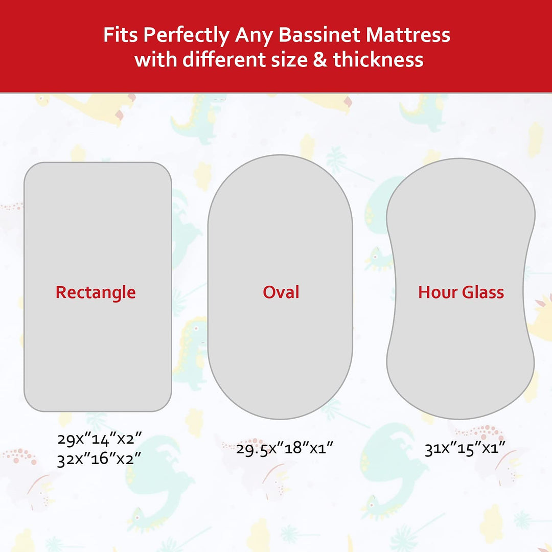 Bassinet Sheet Dinosaur, 33 X 17 Flexible for Different Cradle and Bassinet Mattress, Soft Breathable Universal Sheet for Rectangle, Oval, Hourglass Bassinet Mattress