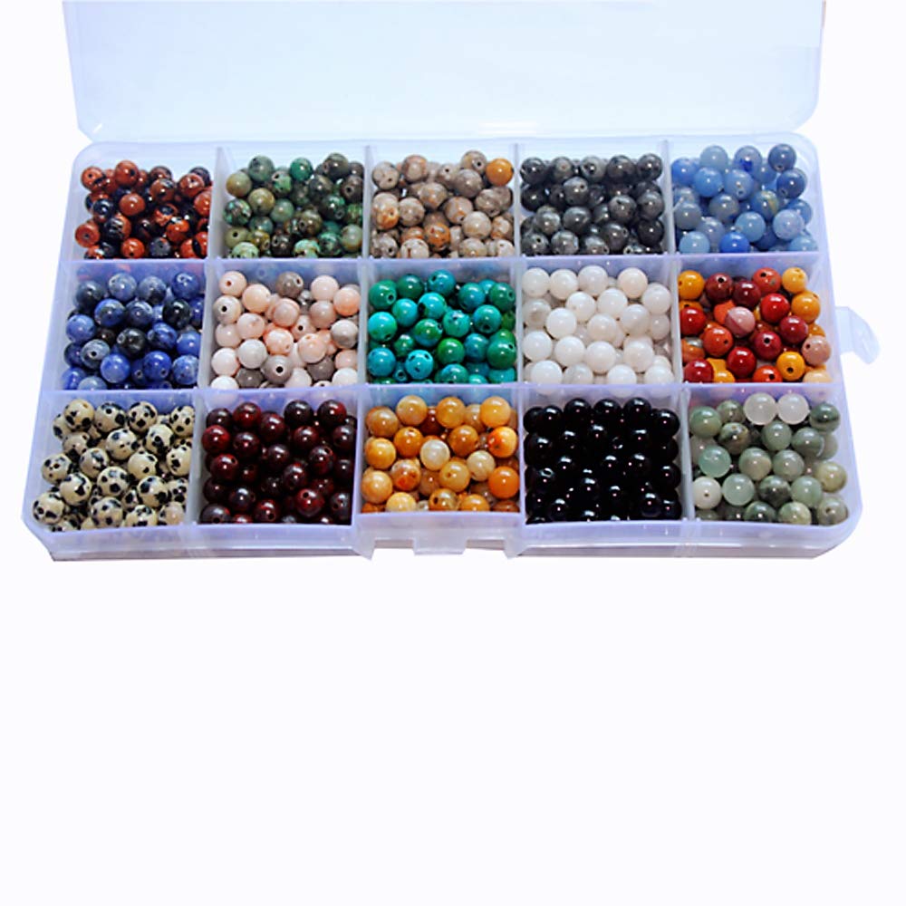 800pcs 6mm Natural & Synthetic Round Stone Beads Gemstone Beading Loose Gemstone Hole Size 1mm DIY Smooth Beads for Bracelet Necklace Earrings Jewelry Making,Box Packed. (15 Material, 6mm)