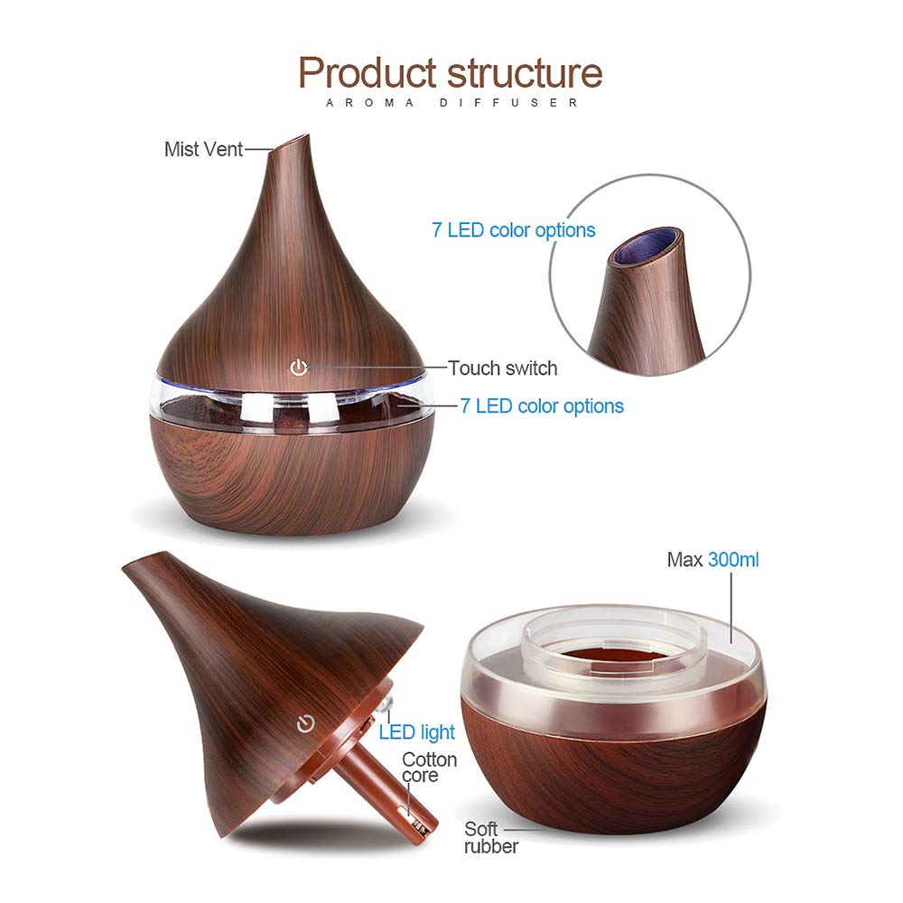 USB Aroma Essential Oil Diffuser 300ml Ultrasonic Humidifier with Electric Wood Grain LED Lights Aroma Diffuser for Home,Darkwoodgrain