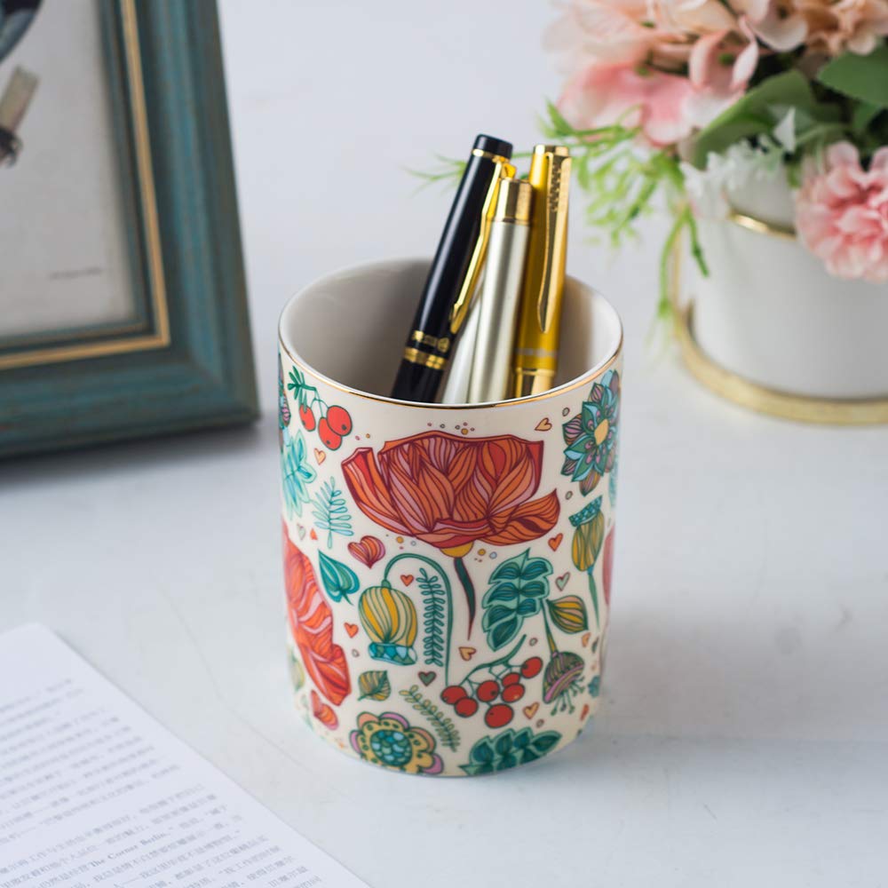 Ceramic Desk Holder Round Pen Holder Stand Pencil Cup Pot Desk Organizer Makeup Brush Holder (Pink-Square)