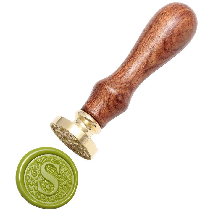 Letter S Wax Seal Stamp, Brass Head Botanical Alphabet Initial Sealing Stamp with Wooden Handle