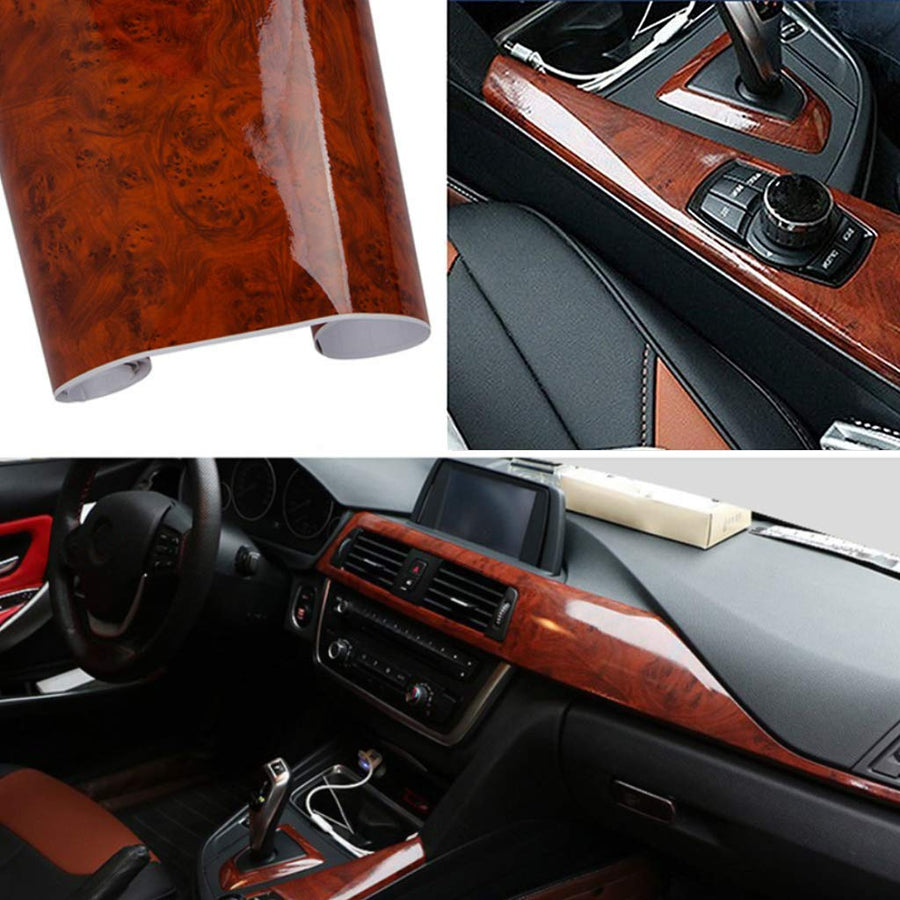 High Glossy Wood Grain Vinyl Wrap Sticker Decal Car Internal Wraps Self Adhesive DIY Film, Waterproof Wrap Roll without Bubble, 100x 40cm/39.4x15.7in (yellowish-brown)