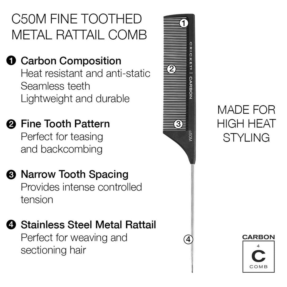 C50M Professional Hair Stylist Carbon Fine Tooth Metal Rattail Comb Anti-Static Heat Resistant Pin Tail Style Combs for Styling Teasing Parting Sectioning Hair Coloring Lifting