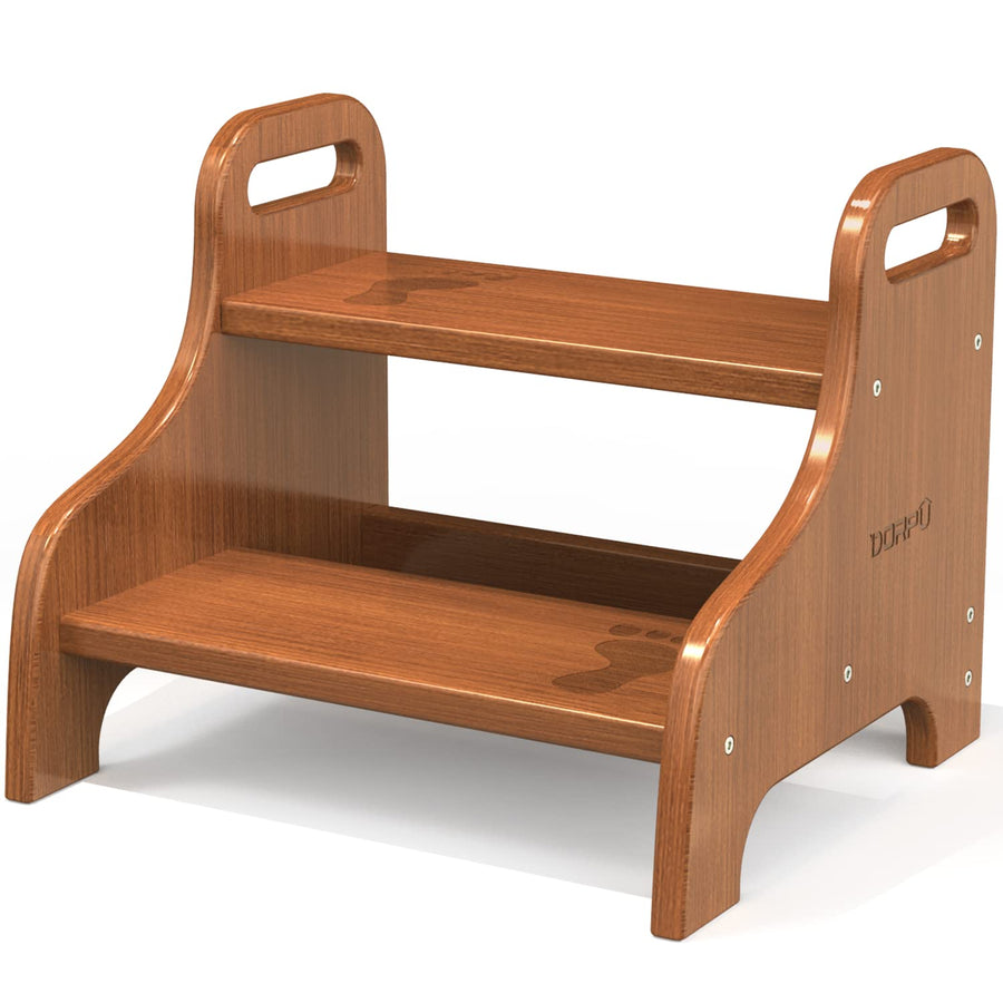 Wooden Step Stool for Adults Kids, Super Sturdy Non-Slip Stepping Stool, Holds 270lbs, Portable Toddler 2 Step Stool, Bamboo Wood Kids Stool for Bathroom, Potty Training, Kitchen (Brown)