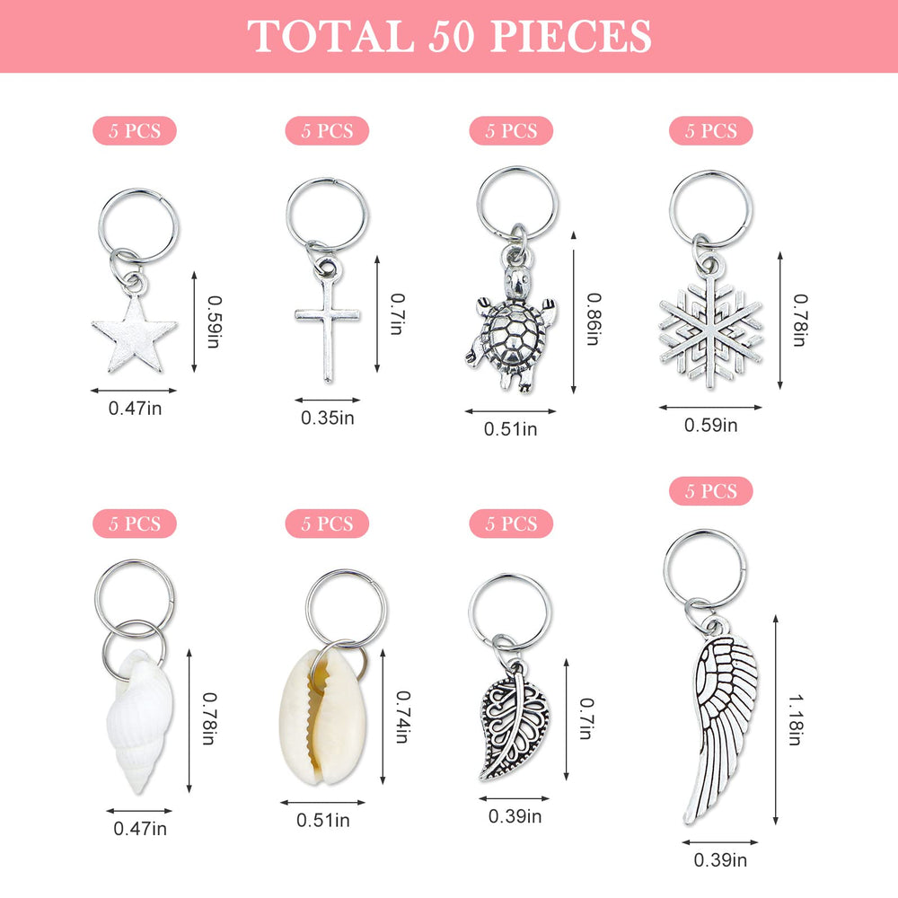 Hair Braid Rings, 50PCS Hair Loops Clips Silver Ring Shell Leaves Star Conch Snowflake Pendant Charms Set Hair Clip Headband Accessories